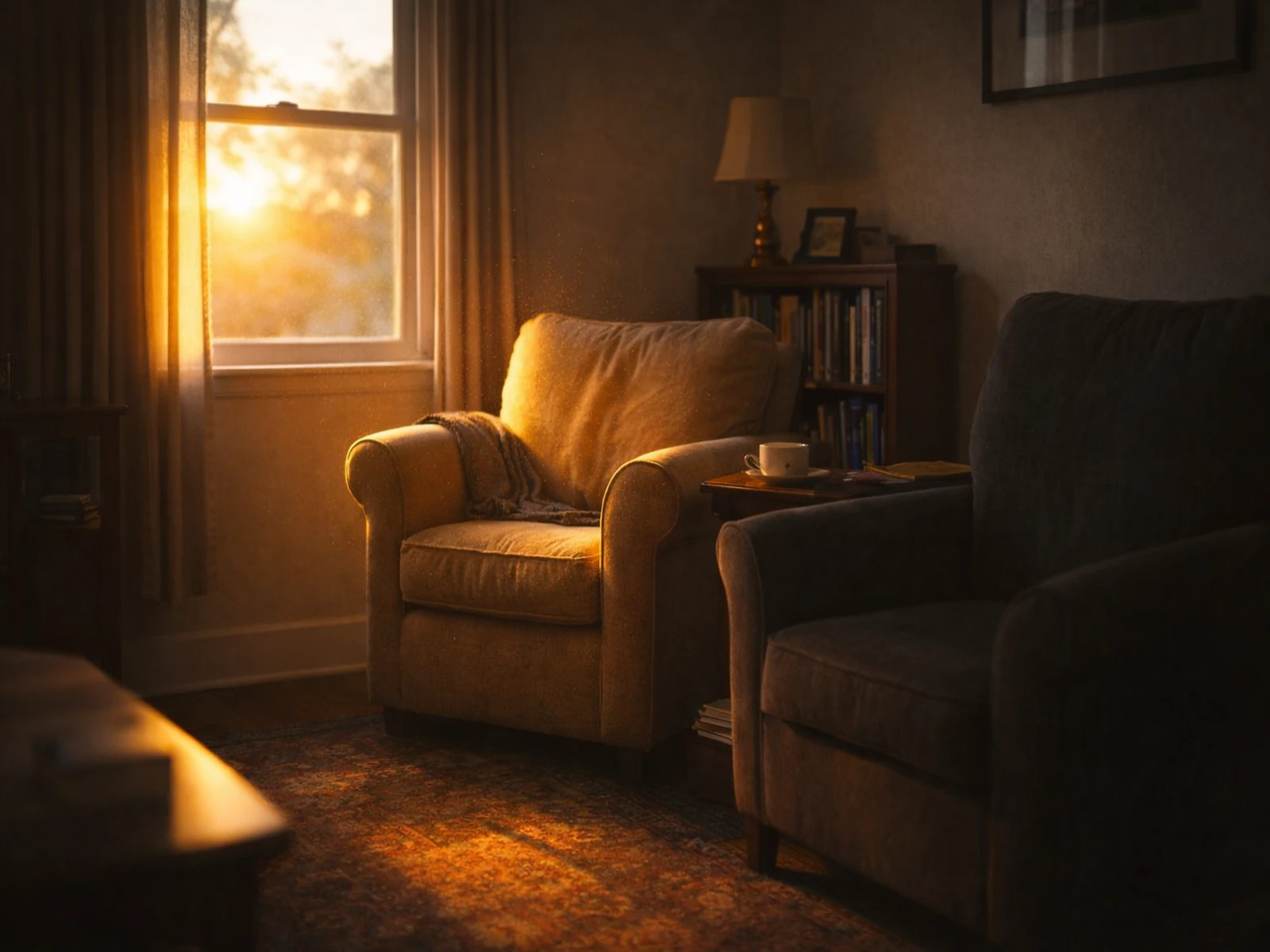 Alt Text Early morning sunlight illuminating an overstuffed armchair in a quiet living room.