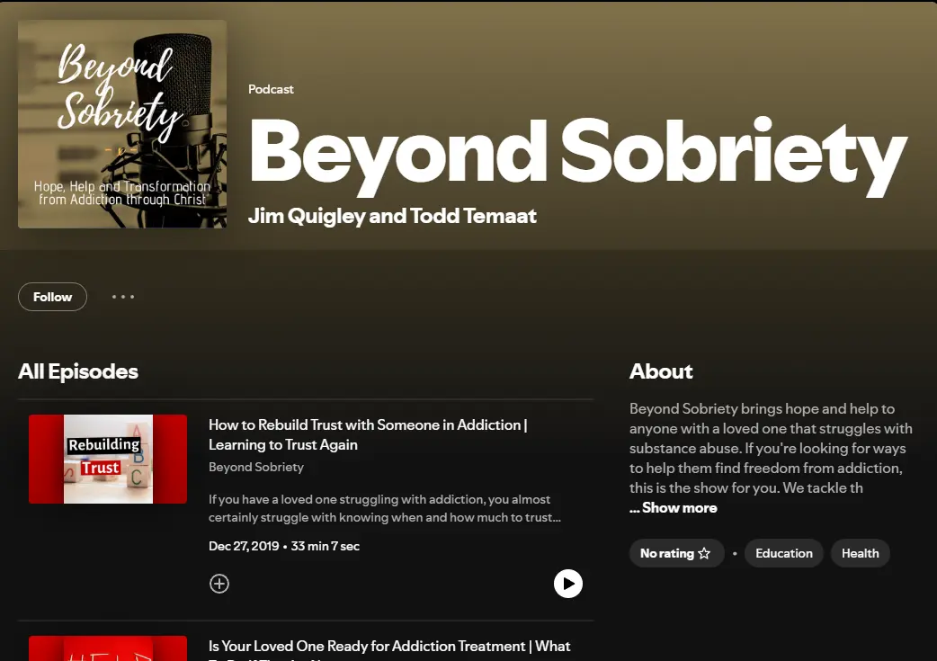 A podcast show page in dark mode: the Beyond Sobriety cover art of a studio microphone, above an episode list beginning December 2019