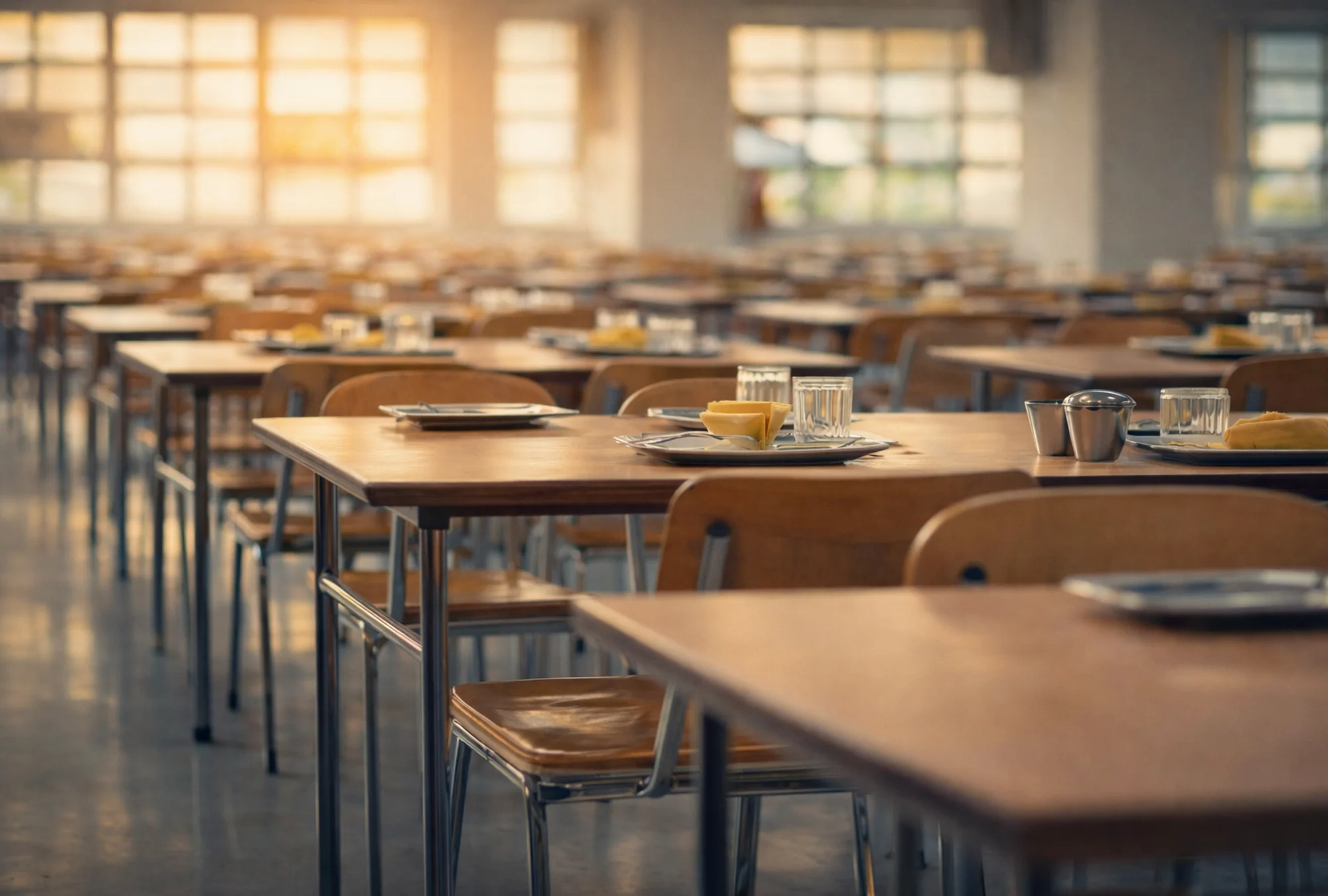 Empty communal dining tables set in soft morning light, prepared for shared service