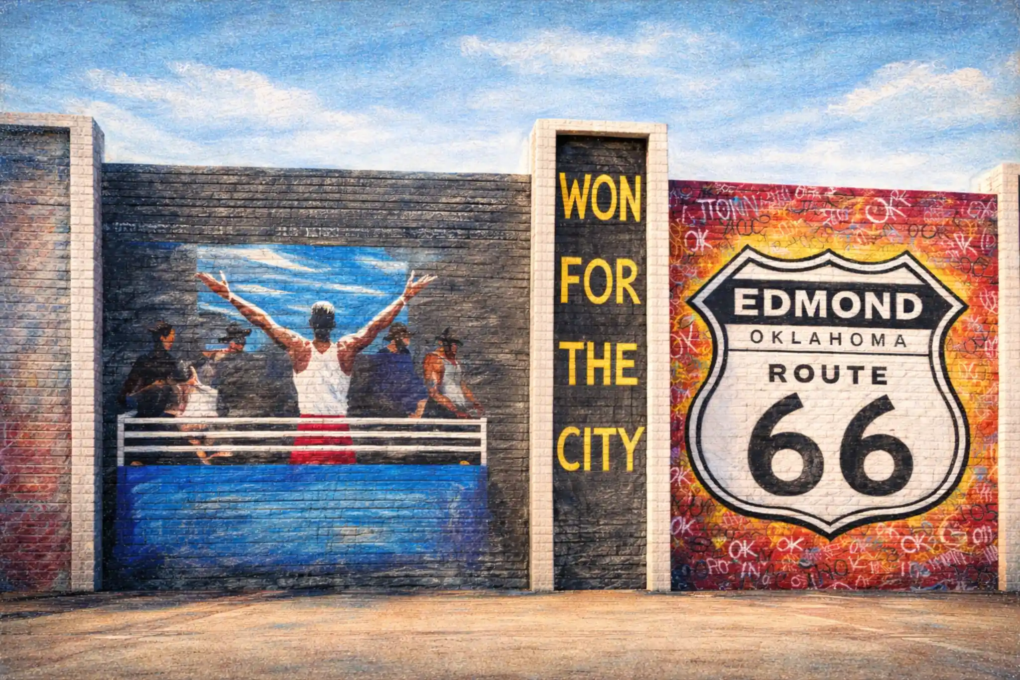 Chalk-style mural of Edmond Oklahoma Route 66 sign and OKC Thunder Championship parade