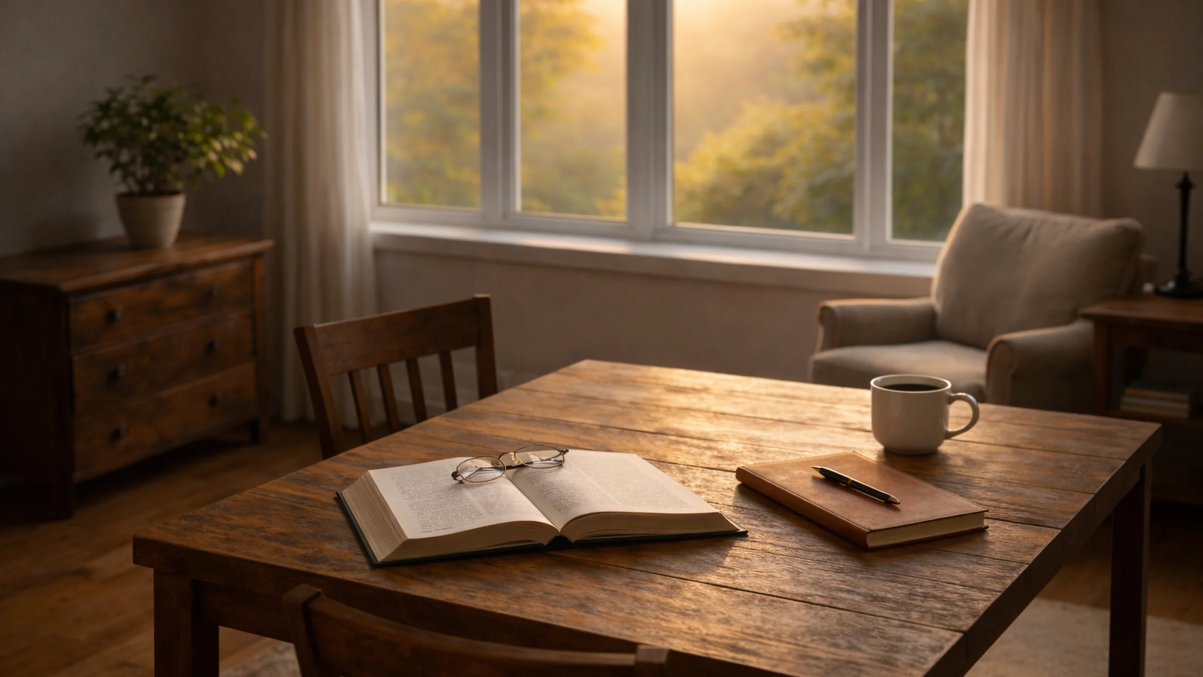 A wide view of a sunlit room with a wooden table, open Bible, notebook, and pulled-out chair, representing faith quietly guiding daily life
