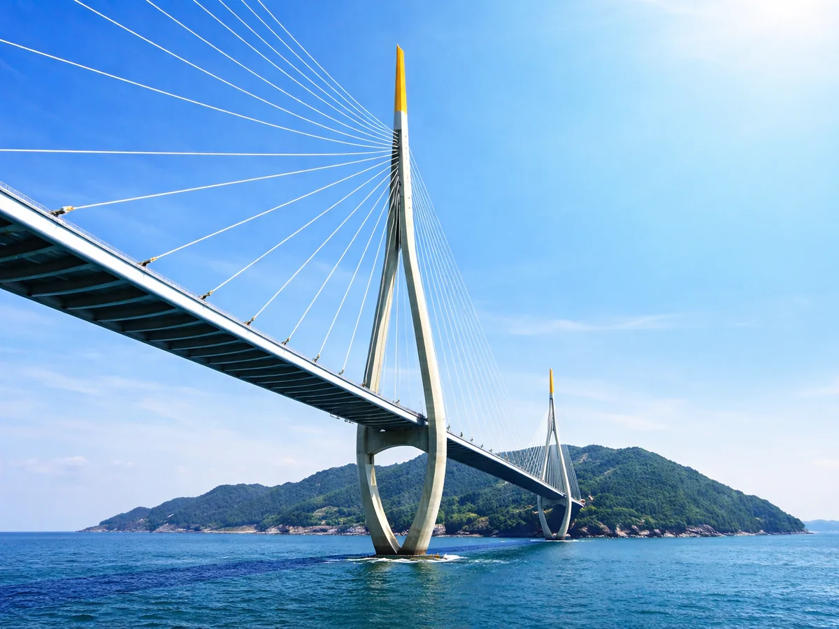 Modern cable-stayed bridge centered in frame with suspension cables radiating outward over blue water.
