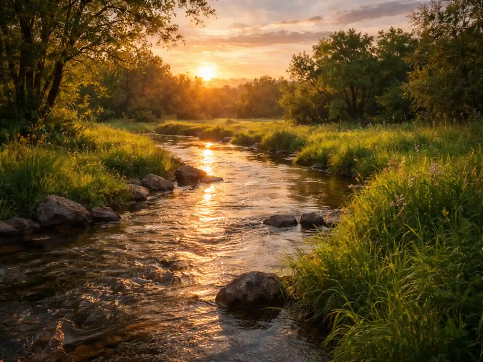 A calm, slow-moving stream on a sunny spring day, surrounded by green trees and soft light, evoking focus, clarity, and stillness.