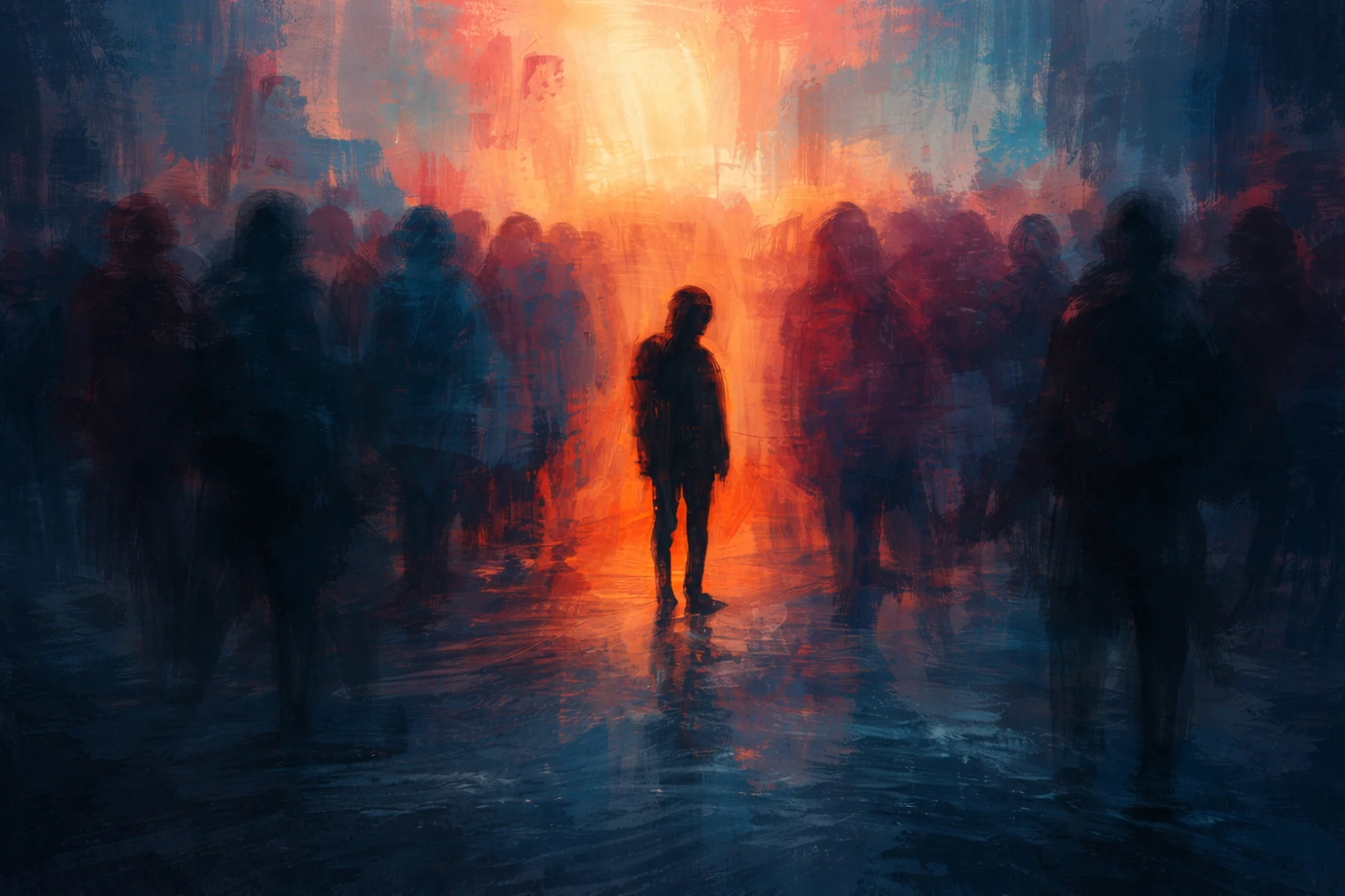A solitary figure standing calmly amid a blurred, abstract crowd, symbolizing focus and inner clarity in the midst of noise and distraction.