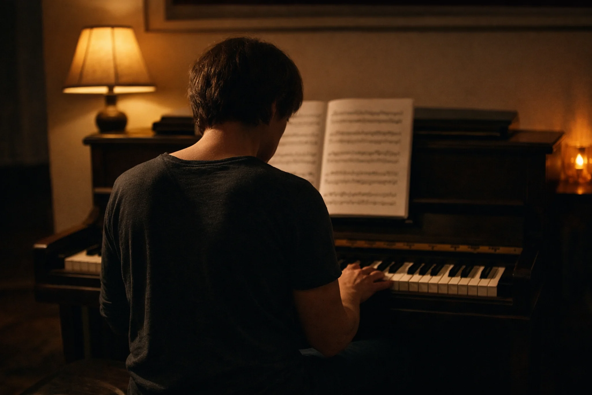 Person learning to play the piano viewed from behind, hands on the keys during quiet practice.