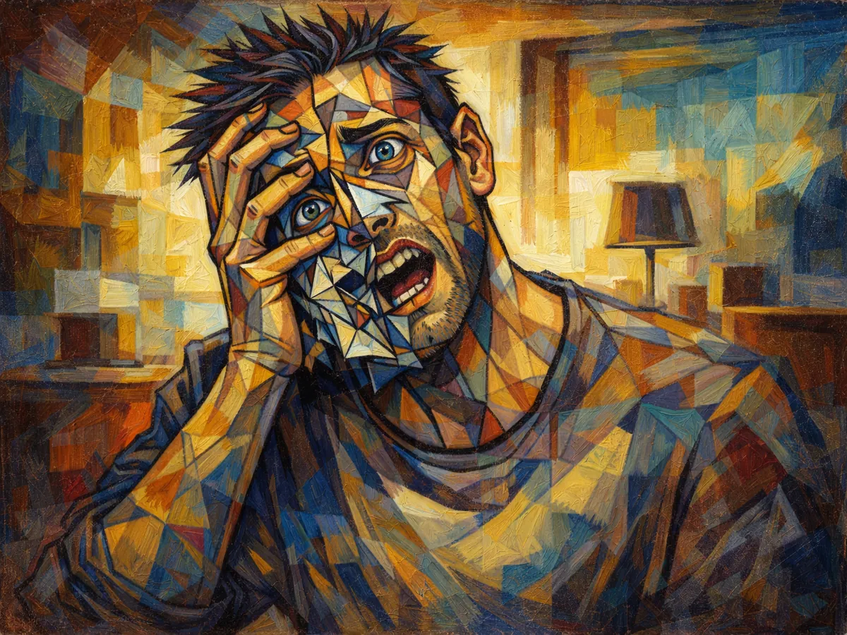 Cubist oil painting of a contemporary man with fragmented geometric facial planes, expressing internal disorientation and mental strain.