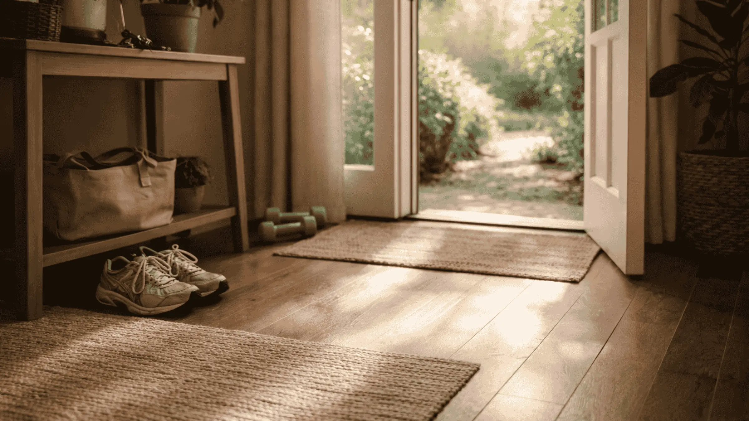 A calm home entryway showing walking shoes and light dumbbells, representing daily movement and aging well
