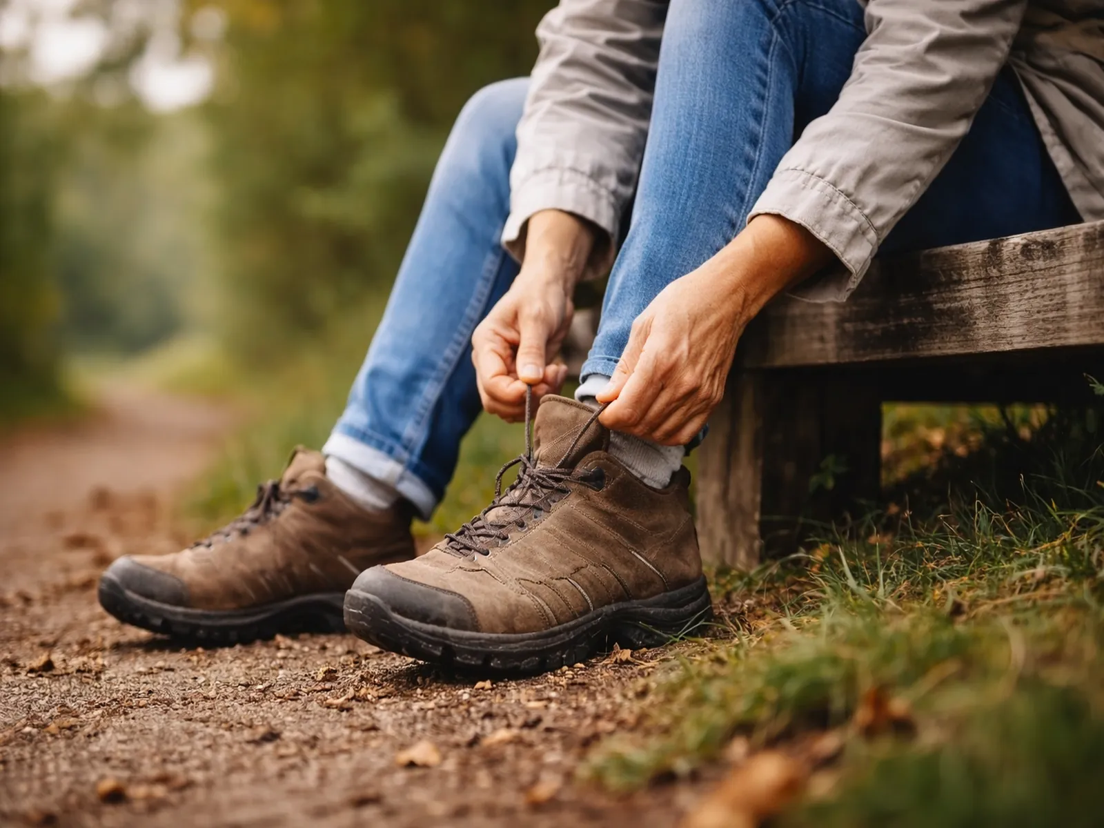 An older adult tying well-worn walking shoes while seated on a bench along a quiet path, suggesting steady, sustainable movement rather than performance.