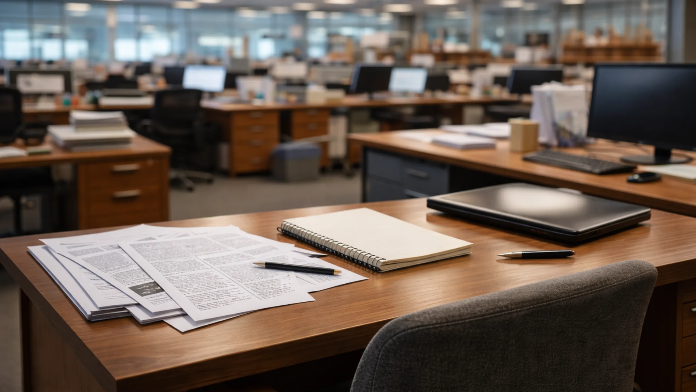 An unattended newsroom desk with papers, notebook, and laptop, representing media work and published coverage