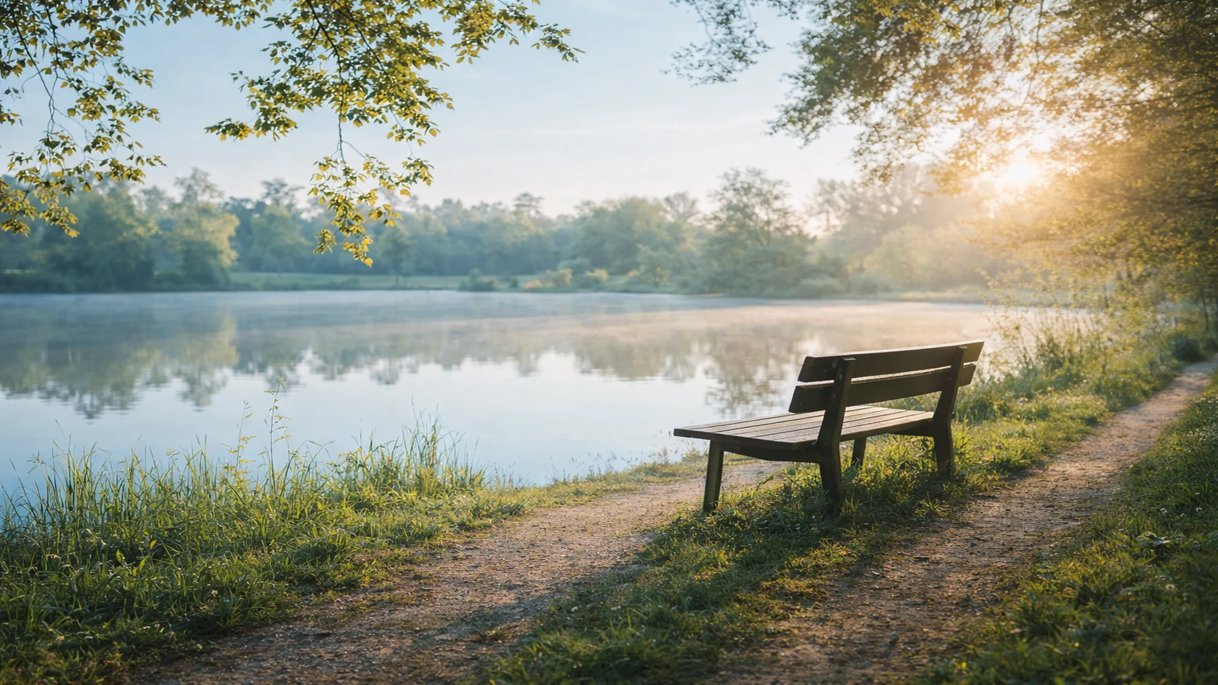 A simple park bench beside a quiet lake in early morning light, suggesting a fresh start and a clear path forward.
