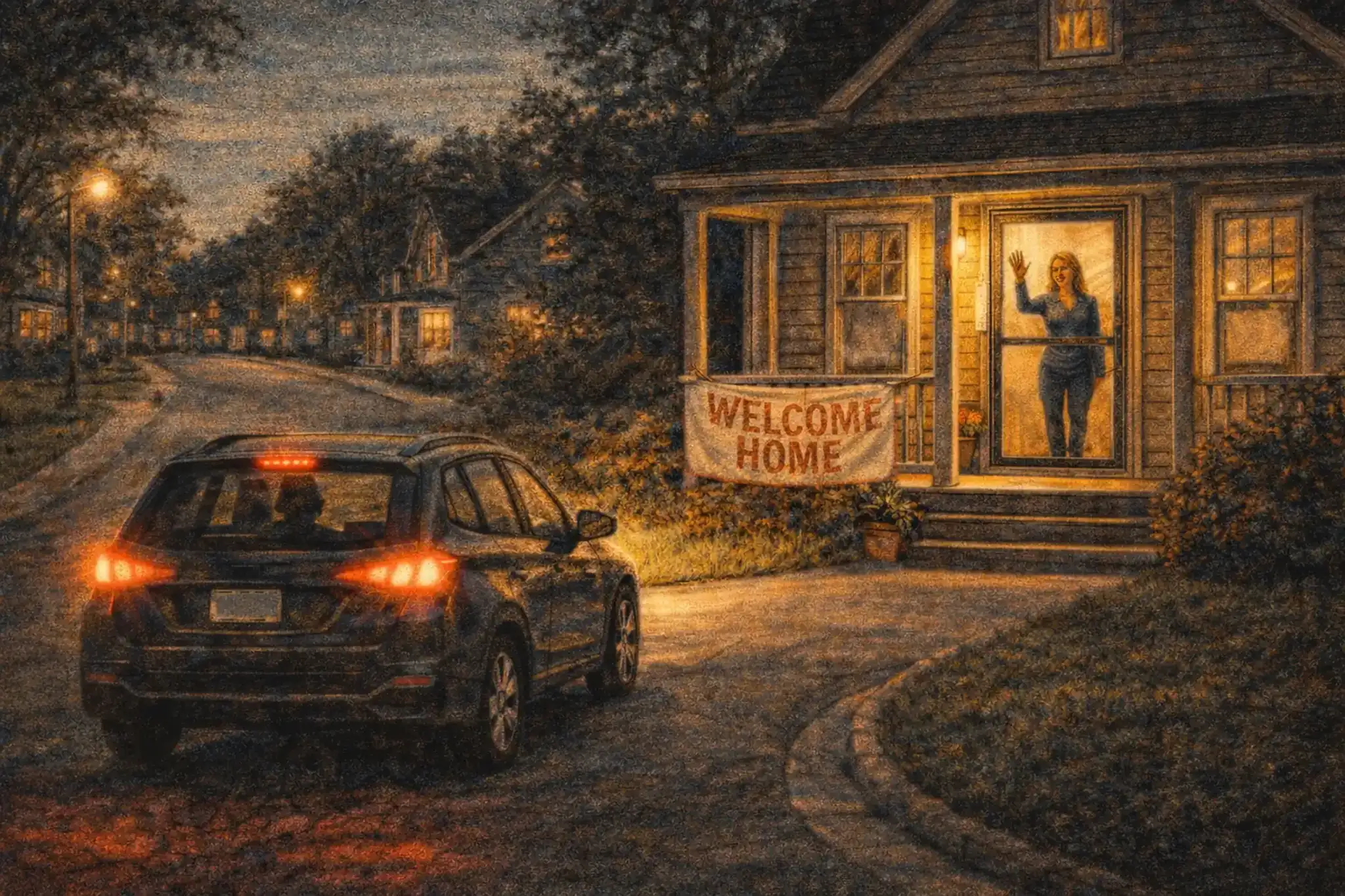 A woman smiling and waving from behind a glass front door as a car turns into the driveway at night.
