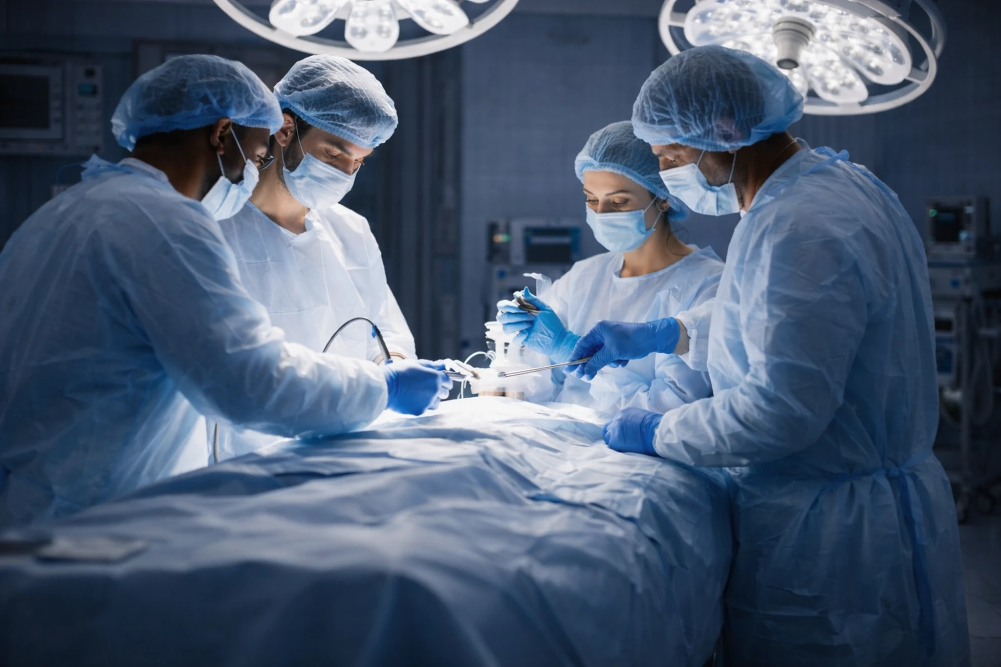 Surgical team performing an operation under bright lights.