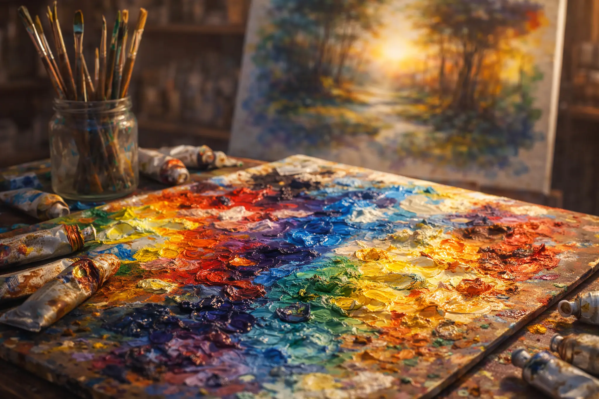 A painter's messy palette with a painted canvas in the background.