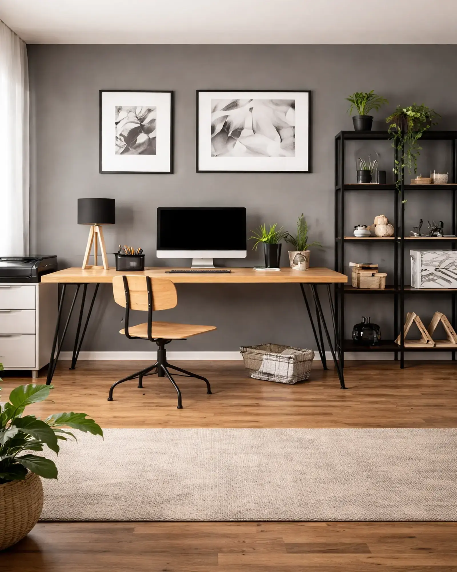 Modern home office workspace with a wooden desk, chair, shelving, and plants, representing thoughtful and sustainable business work
