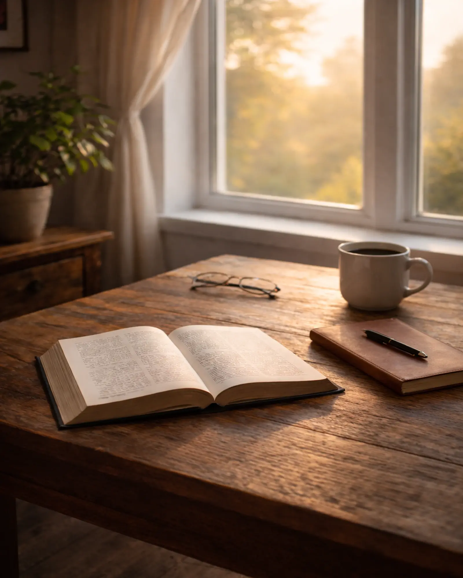 Open Bible on a wooden desk by a window with a journal, glasses, and coffee in a quiet home devotional setting