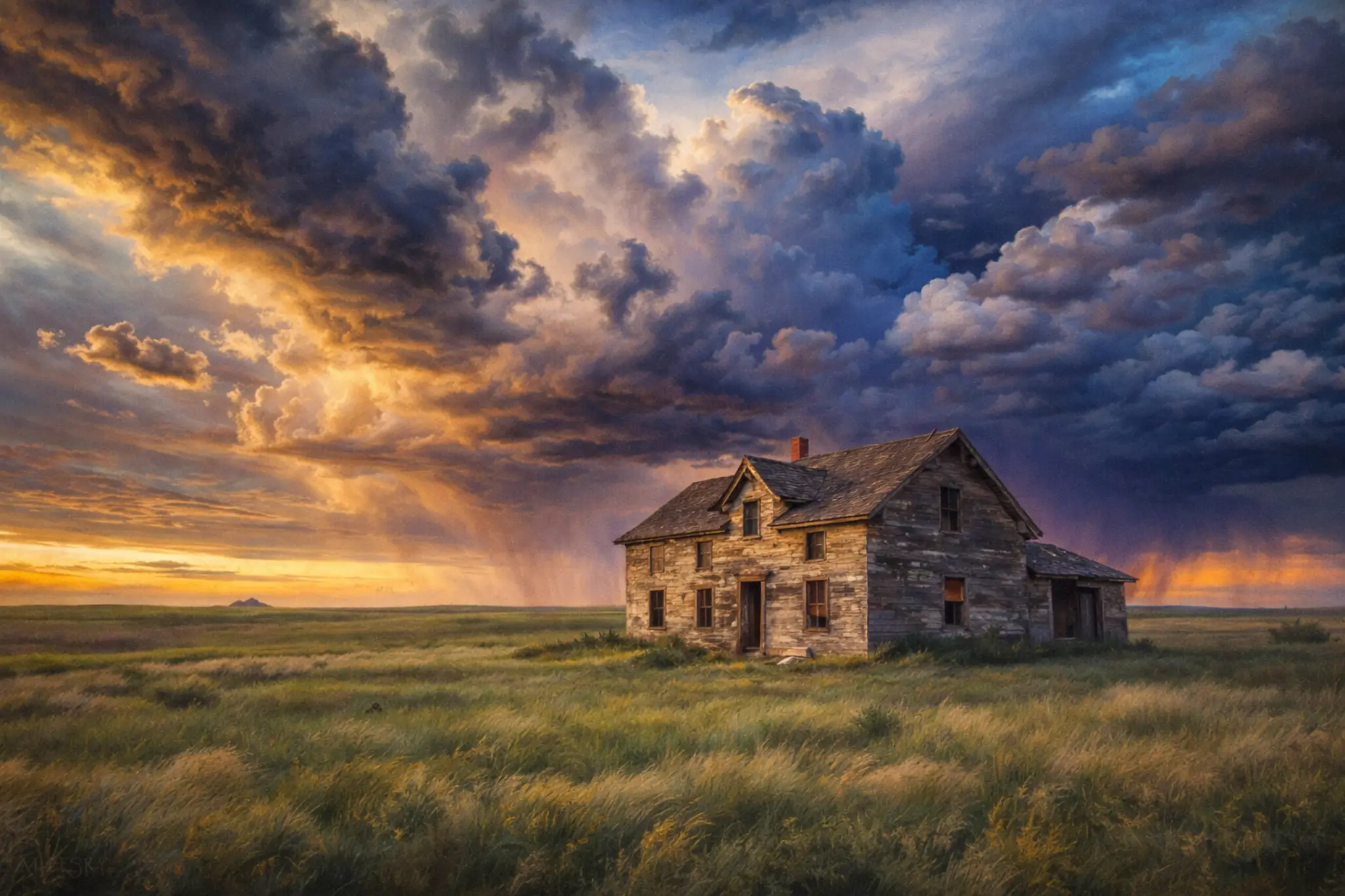 Traditional oil painting of a Midwestern farmhouse beneath a massive supercell storm cloud forming overhead.