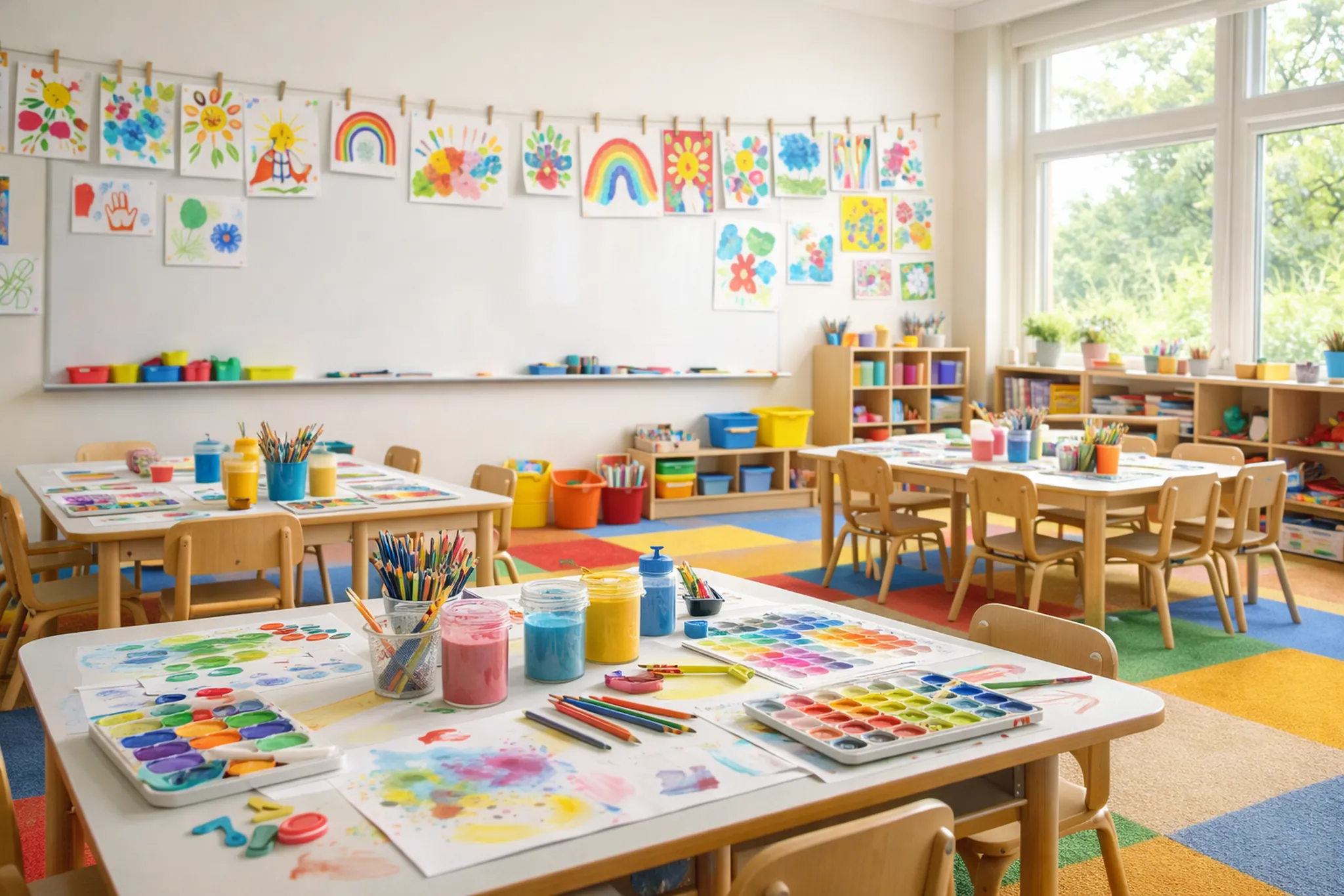 Empty preschool STEAM classroom with art supplies and children’s artwork at Sunbeam Family Services in Oklahoma City